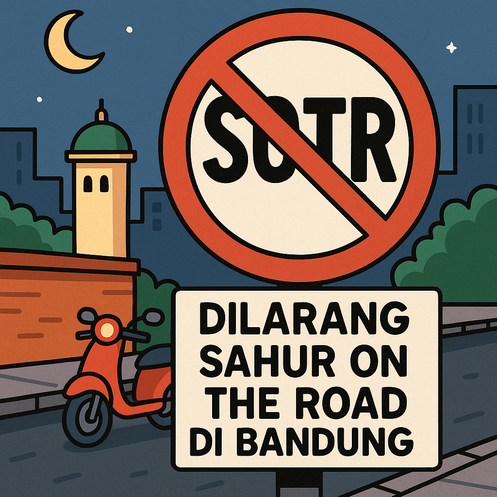 Ilustrasi kartun bergaya flat yang menampilkan suasana larangan "Sahur on the Road" di Kota Bandung. Terlihat papan larangan dengan ikon sahur dan simbol dilarang, dikelilingi oleh petugas Satpol PP dan suasana jalan kota pada malam hari. Gambar ini menyampaikan pesan tertib dan imbauan pemerintah untuk tidak melakukan sahur on the road di ruang publik.
