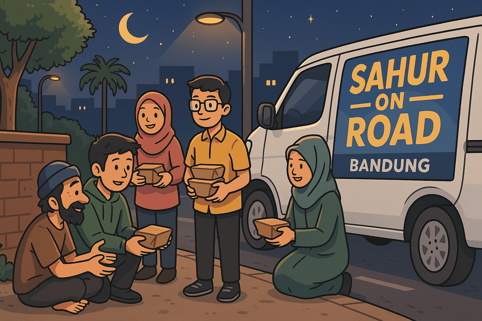 Ilustrasi kartun berwarna-warni yang menggambarkan suasana sahur on the road di Bandung, dengan latar jalan kota yang sepi saat subuh, anak-anak muda membagikan makanan, motor terparkir, dan masjid di kejauhan.