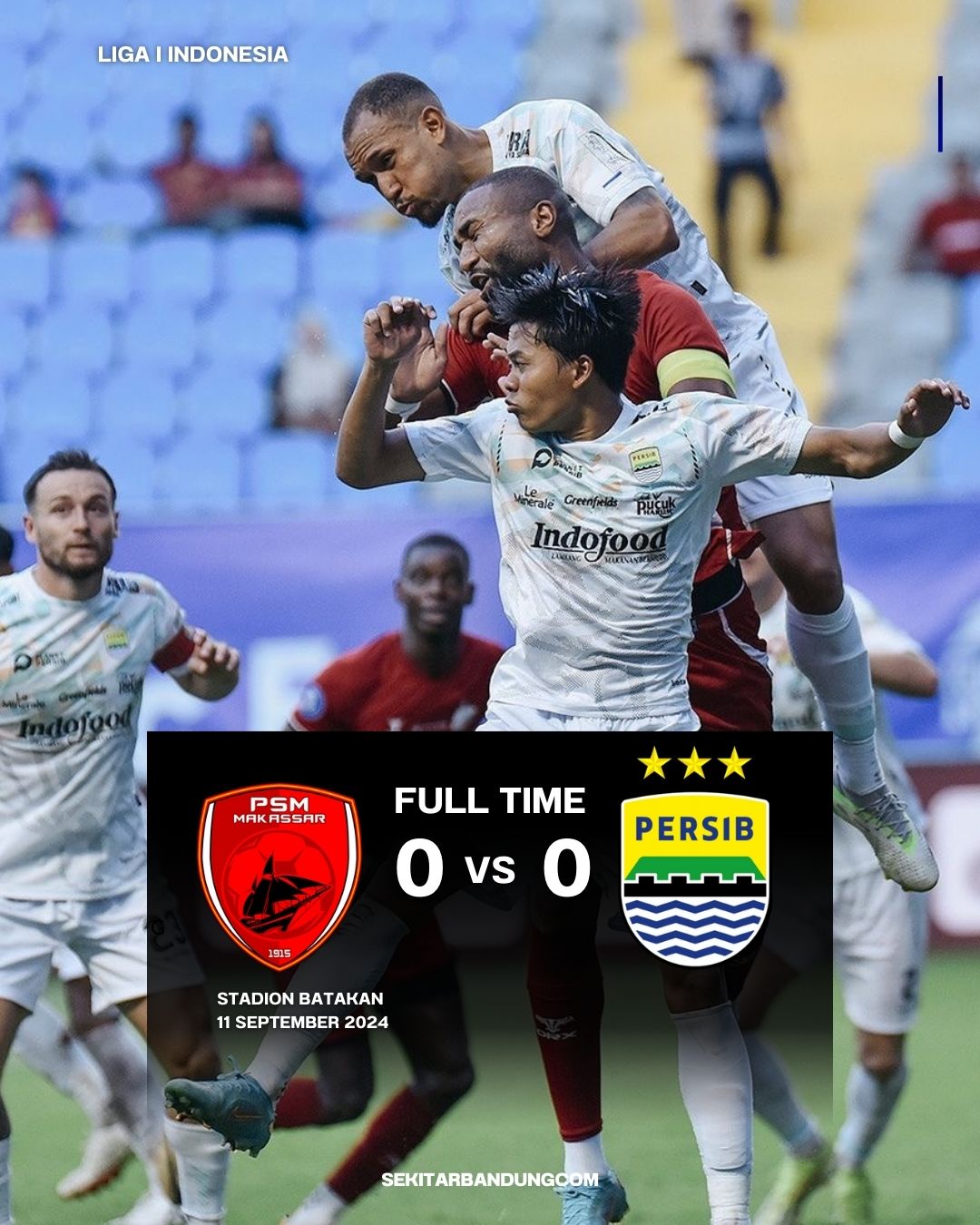 Grafis hasil pertandingan Liga 1 Indonesia antara PSM Makassar dan Persib Bandung yang berakhir 0-0, dengan pemain di latar belakang yang sedang berduel udara.