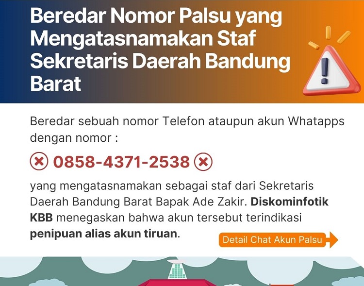 Nomor WhatsApp Palsu Sekda Bandung Barat Marak, Warga Diminta Waspada Nomor WhatsApp Palsu Sekda Bandung Barat Marak, Warga Diminta Waspada