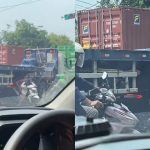 Jalanan Macet, Para Pemotor Nekat Cari Celah di Sela Truk Kontainer yang Berhenti