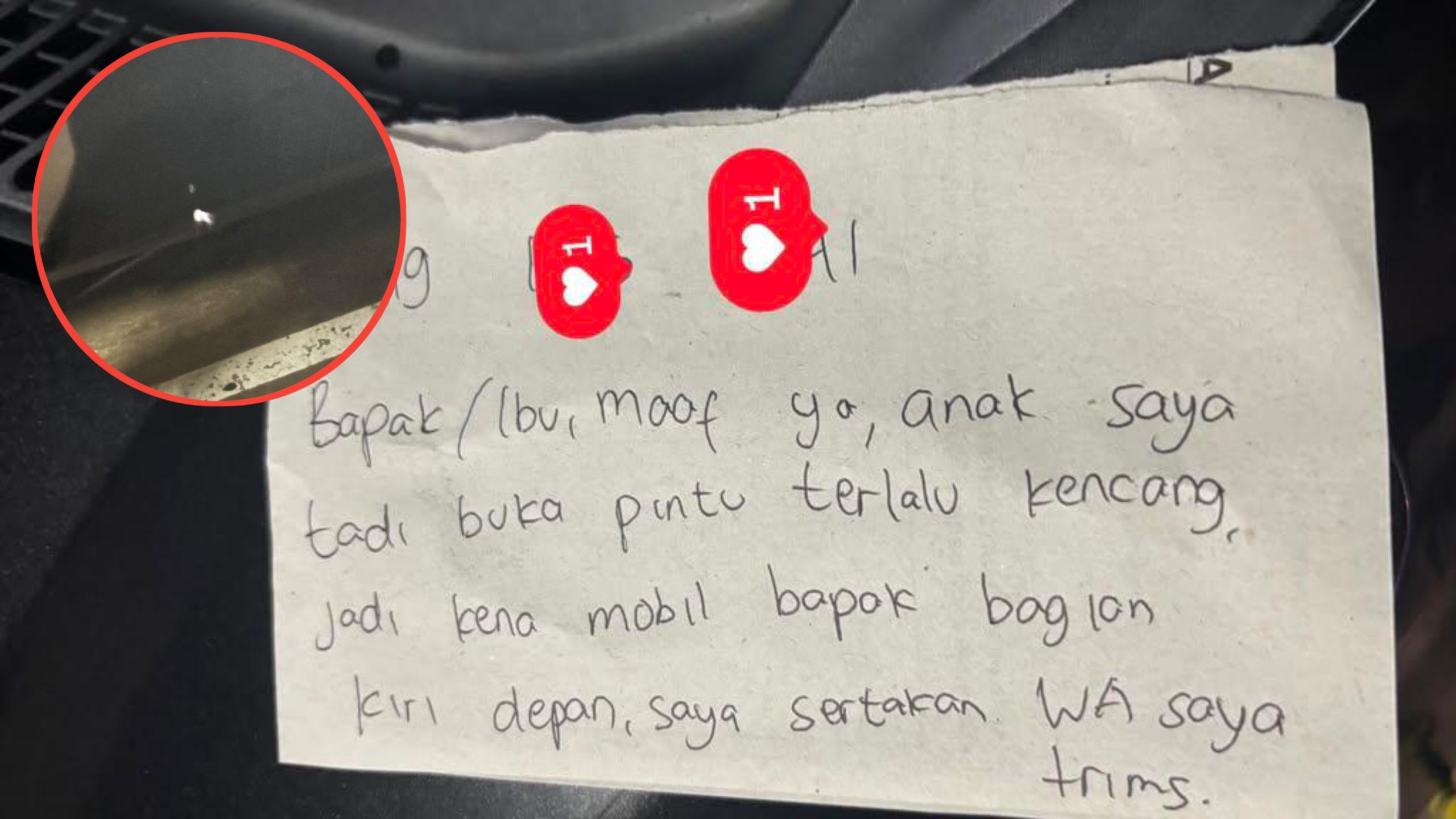 Anak Tidak Sengaja Lecetin Mobil Orang, Ibu Ini Tidak Kabur dan Tinggalkan Surat untuk Pemiliknya (Threads/@thewenonaa)