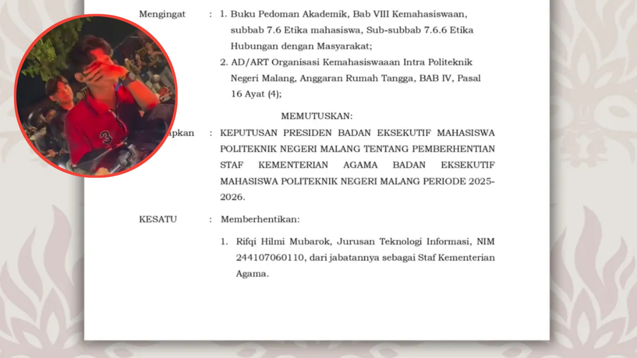 Usai Curi Helm Kala Bubaran Konser di Sudimoro Kota Malang, BEM Polinema Ambil Langkah Tegas (Instagram/@bempolinema)