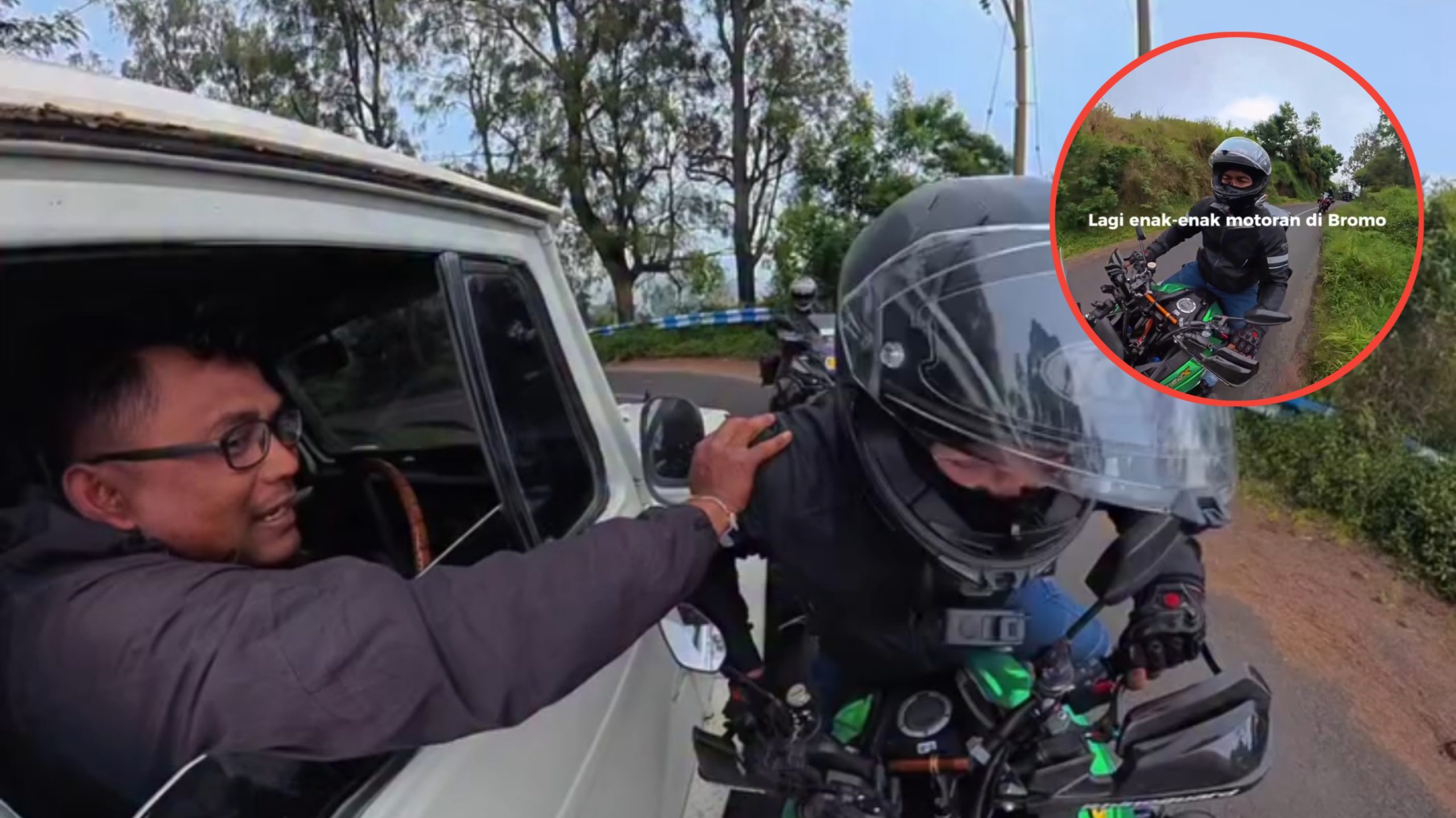 Lagi Asyik Naik Sepeda Motor di Jalur Bromo, Pemotor Ini Nyaris Terjatuh tetapi Untung Pengemudi Mobil Baik (Instagram/@motorankuyz.id)