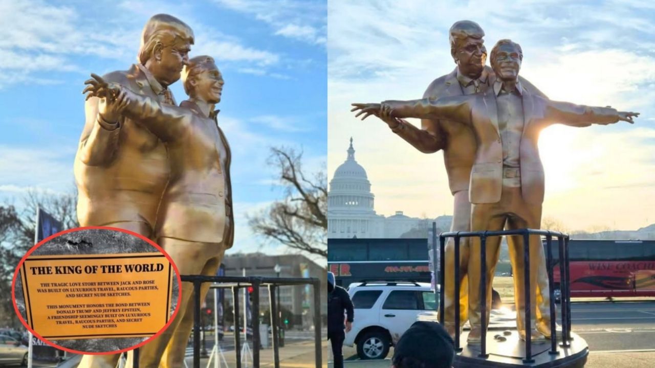 Patung Trump dan Jeffrey Epstein dengan Pose Mesra Mirip Film Titanic Muncul di Washington DC Patung Trump dan Jeffrey Epstein dengan Pose Mesra Mirip Film Titanic Muncul di Washington DC