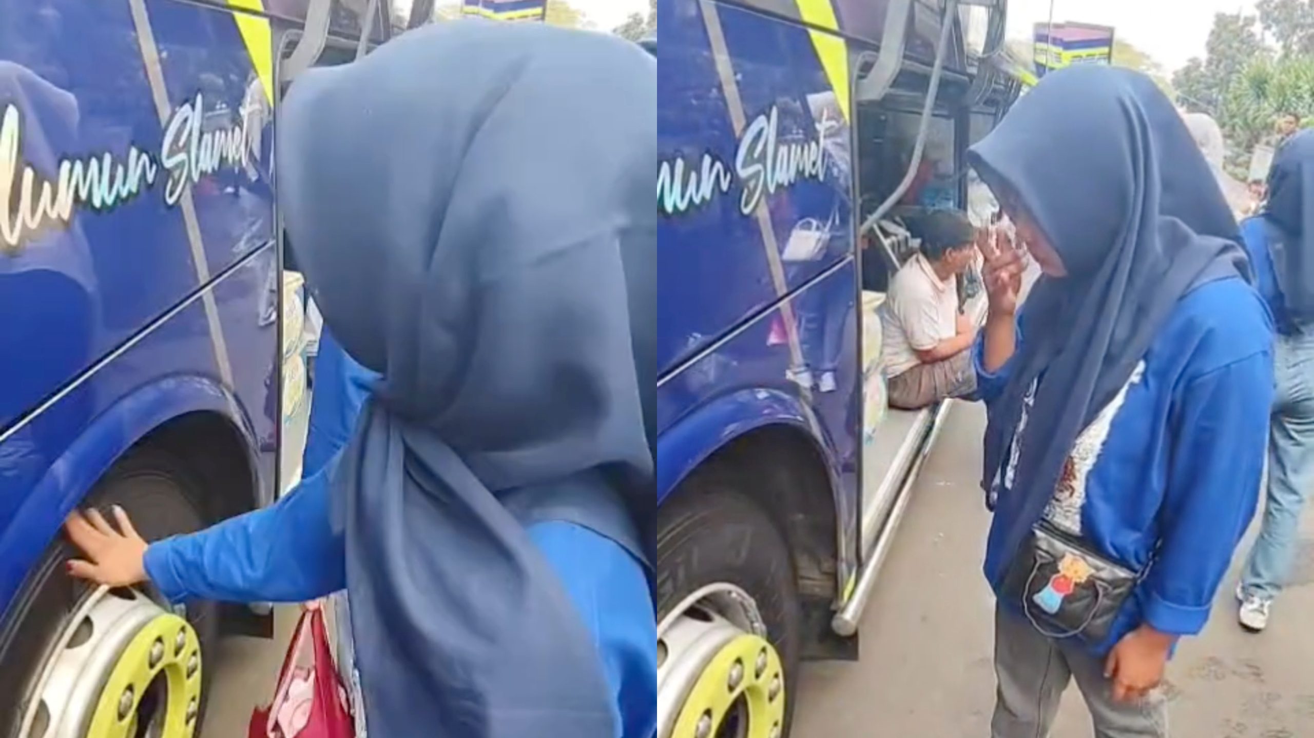 Sebelum Lakukan Perjalanan, Para Ibu-ibu ini Cium Ban yang Katanya agar Tidak Mabuk (TikTok/@andre.diyansyah)