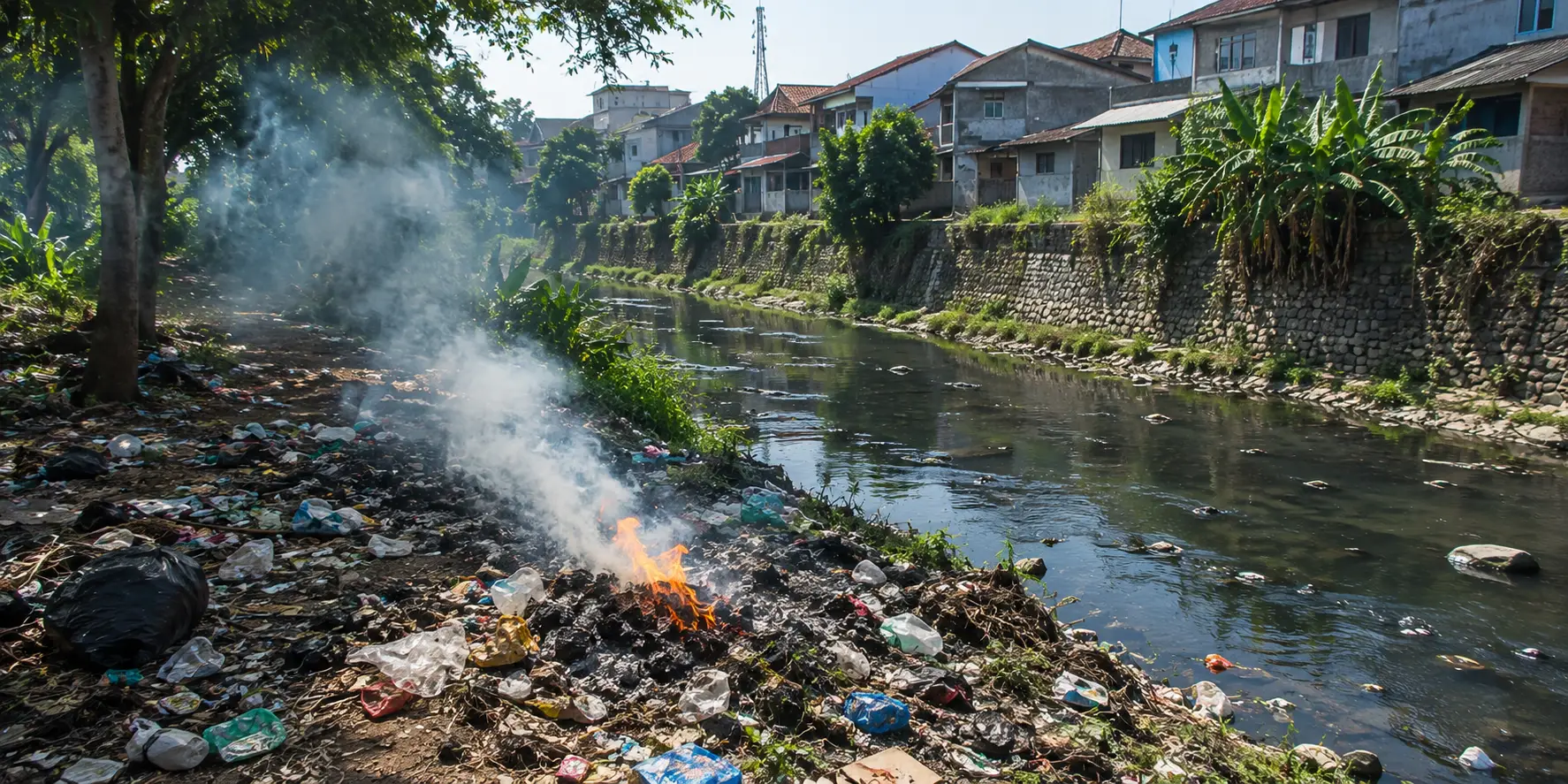 Hampir Tiap Pagi Bakar Sampah di Tepi Sungai, Warga Gedebage Mengeluh Hampir Tiap Pagi Bakar Sampah di Tepi Sungai, Warga Gedebage Mengeluh