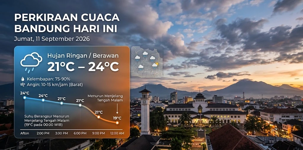 Perkiraan Cuaca Bandung Hari Ini, Suhu 21°C–24°C dan Berangsur Menurun Menjelang Tengah Malam Perkiraan Cuaca Bandung Hari Ini, Suhu 21°C–24°C dan Berangsur Menurun Menjelang Tengah Malam