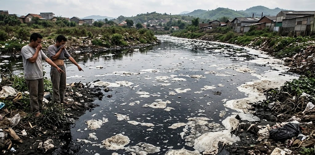Sungai di Bandung Barat Berubah Hitam dan Berbusa, Aroma Menyengat Tercium di Sekitar Aliran